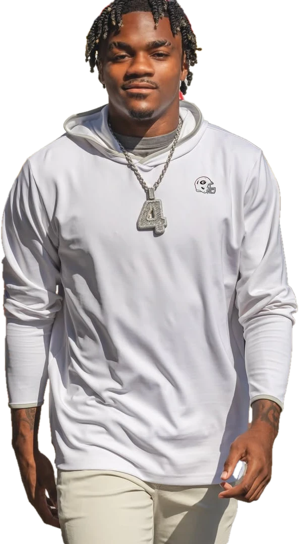 KJ Bolden in a white hoodie and a number 4 chain